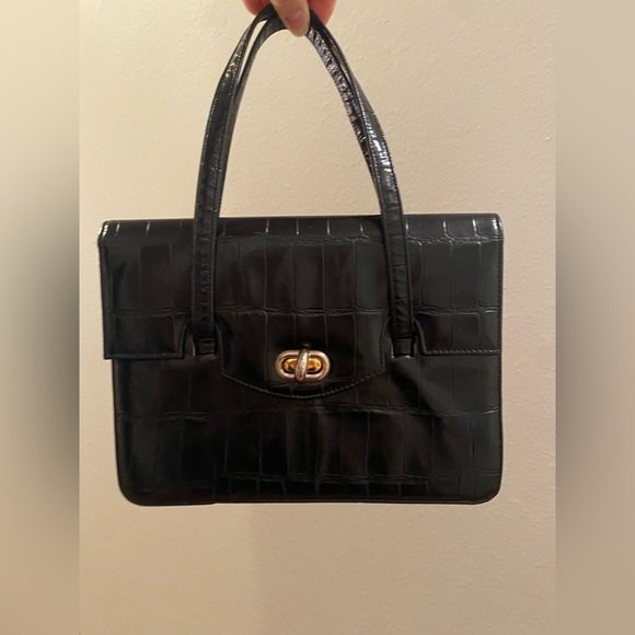 Vintage 1950s Lennox “Croc” Black Leather Handbag - Picture 1 of 11